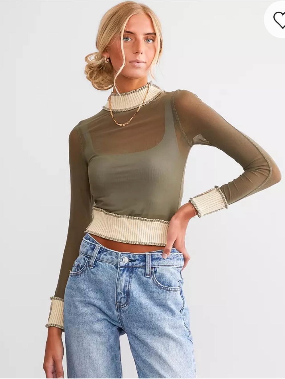 NWOT Olive Sheer Long-Sleeve Layering Top with Cream Trim